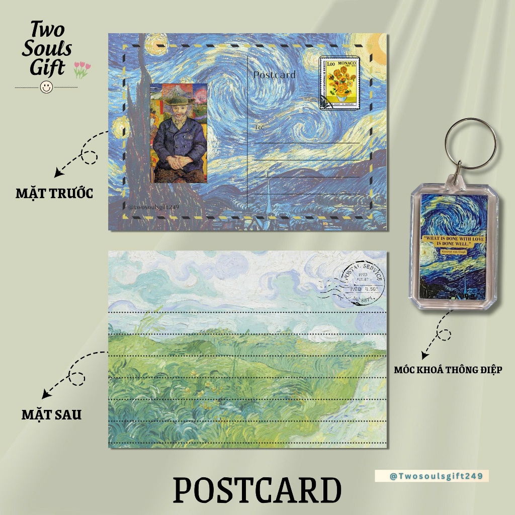 โปสการ์ด การ์ดที่เขียนด้วยลายมือ Van Gogh "Starry Night" - รวมพวงกุญแจ Van Gogh และซองจดหมาย