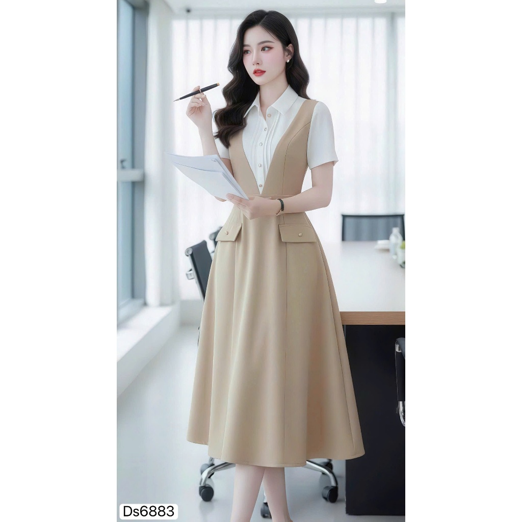 DS6883 - Flared Beige Dress พร้อมเสื้อแขนกุดสีขาว - Dolce Viva Collection (DVC/ACC)