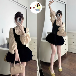 Set váy yếm bí nhung 2 lớp cột nơ mix Áo sơ mi cổ sen tay bồng viền bèo tiểu thư HB226 HMStyle