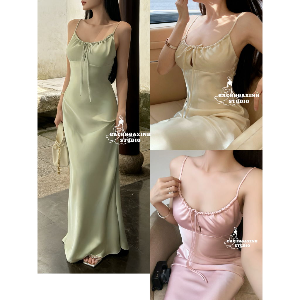 เดรสยาวสองสายไหมพรม พร้อมเบรสต์ ลุคปาร์ตี้เรียบหรู