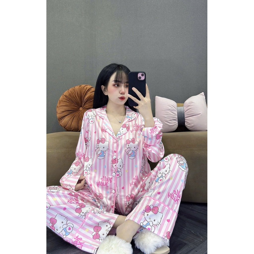 HL86 LONG SLEEVE PIJAMA SET WITH LONG NECK PANTS - ปุ่มสี - ทรงหลวม - พร้อมผ้าผูกผม