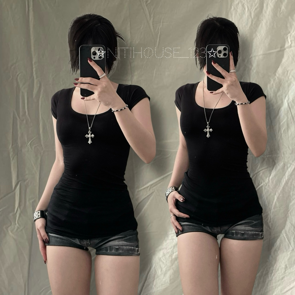 [ATN] เสื้อเชิ้ตแขนสั้นคอปกสี่เหลี่ยมและแยกลึก y2k