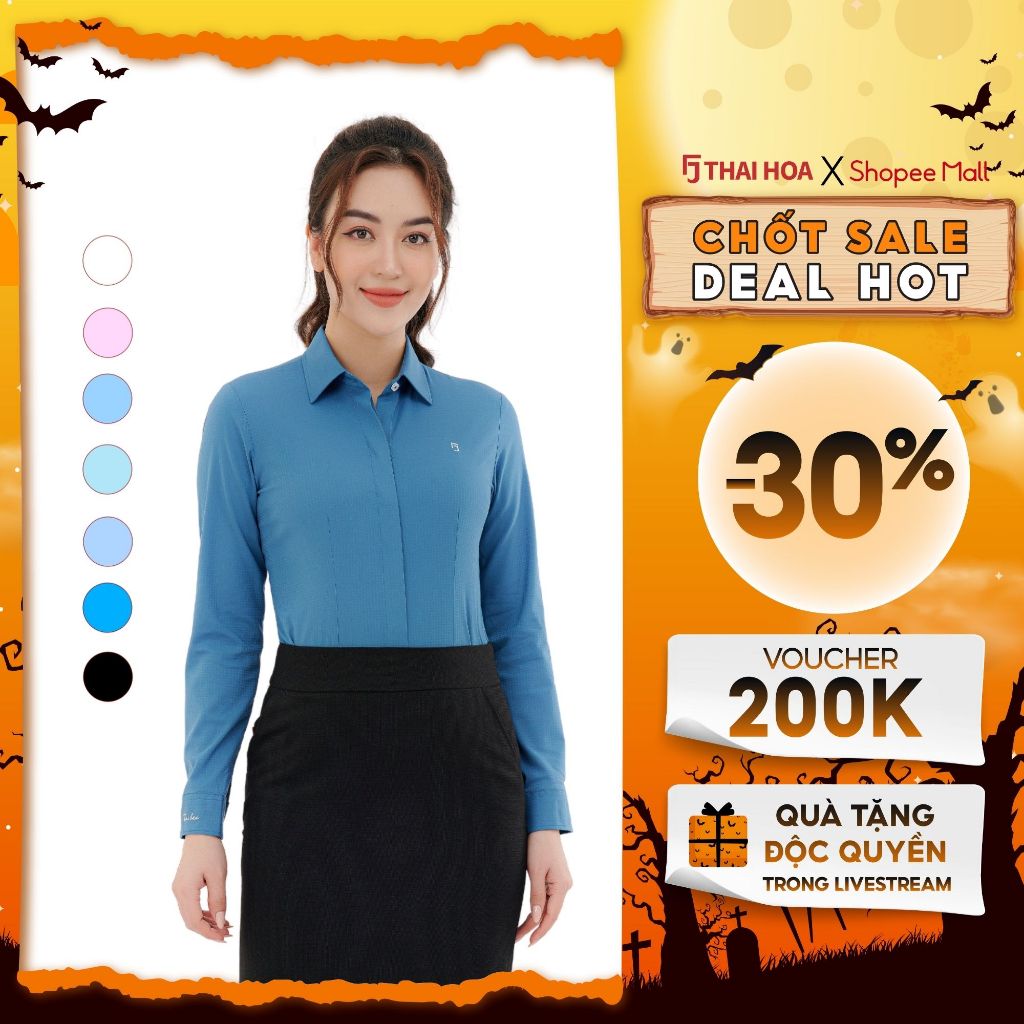 เสื้อเชิ้ตผู้หญิง ASW0101-R12 คอปกเยอรมัน แขนยาว ทรงเข้ารูป ผ้าใยไผ่ลายทางหลากสีไทย Hoa