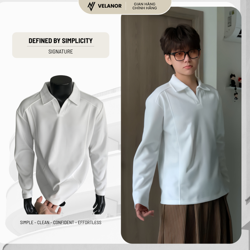 เสื้อเชิ้ตแขนยาวคอวีผู้ชาย Form Clean Basic Medium Style – Premium 2-Skin Felt Fabric Type 1 VELANOR