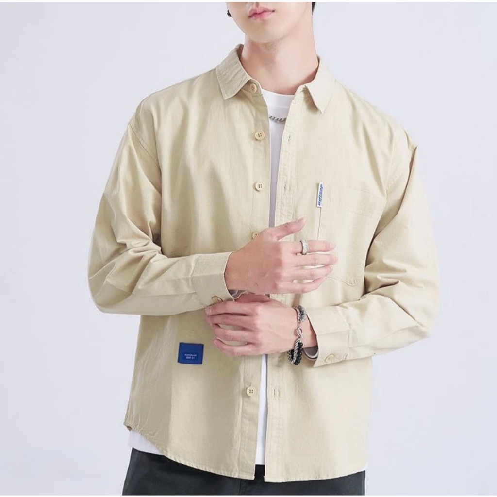 เสื้อเชิ้ตแขนยาวคอวีสีกากีสําหรับผู้ชาย StoreNA