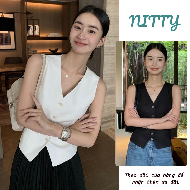 NITTY เสื้อกล้ามผู้หญิงปุ่มเสื้อคอวี Freesize เกาหลี
