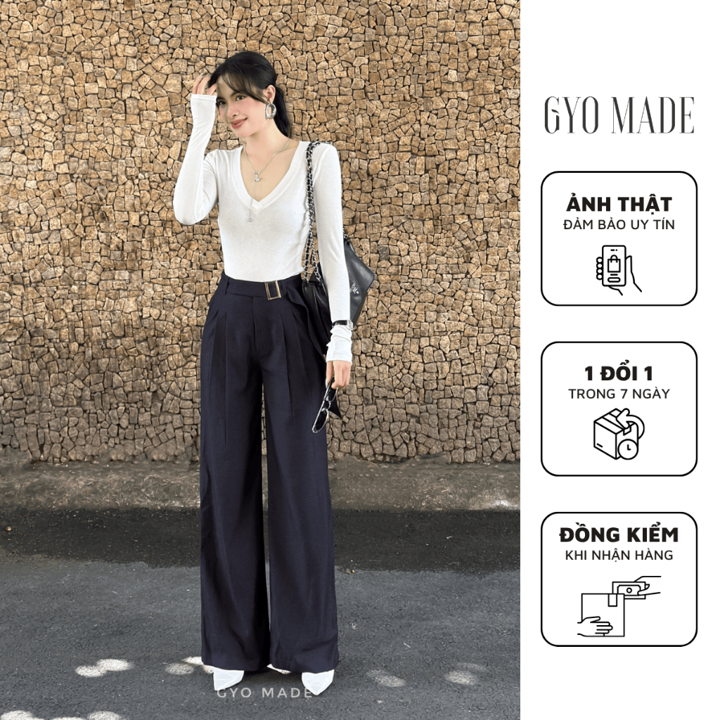 GYOMADE Denim กางเกงขากว้างผู้หญิงสีน้ําเงินเทาคุณภาพสูงพร้อมขอบเอว รูปทรงนุ่มและแบน | GQ019