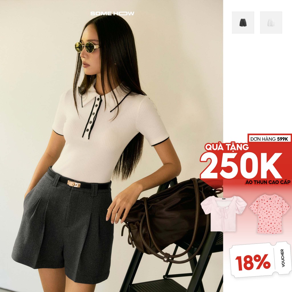 [ขายดี] กางเกงขาสั้นผู้หญิงพลีทเอวสูง ผ้าคอตตอน ใส่สบาย WQS017, SOMEHOW