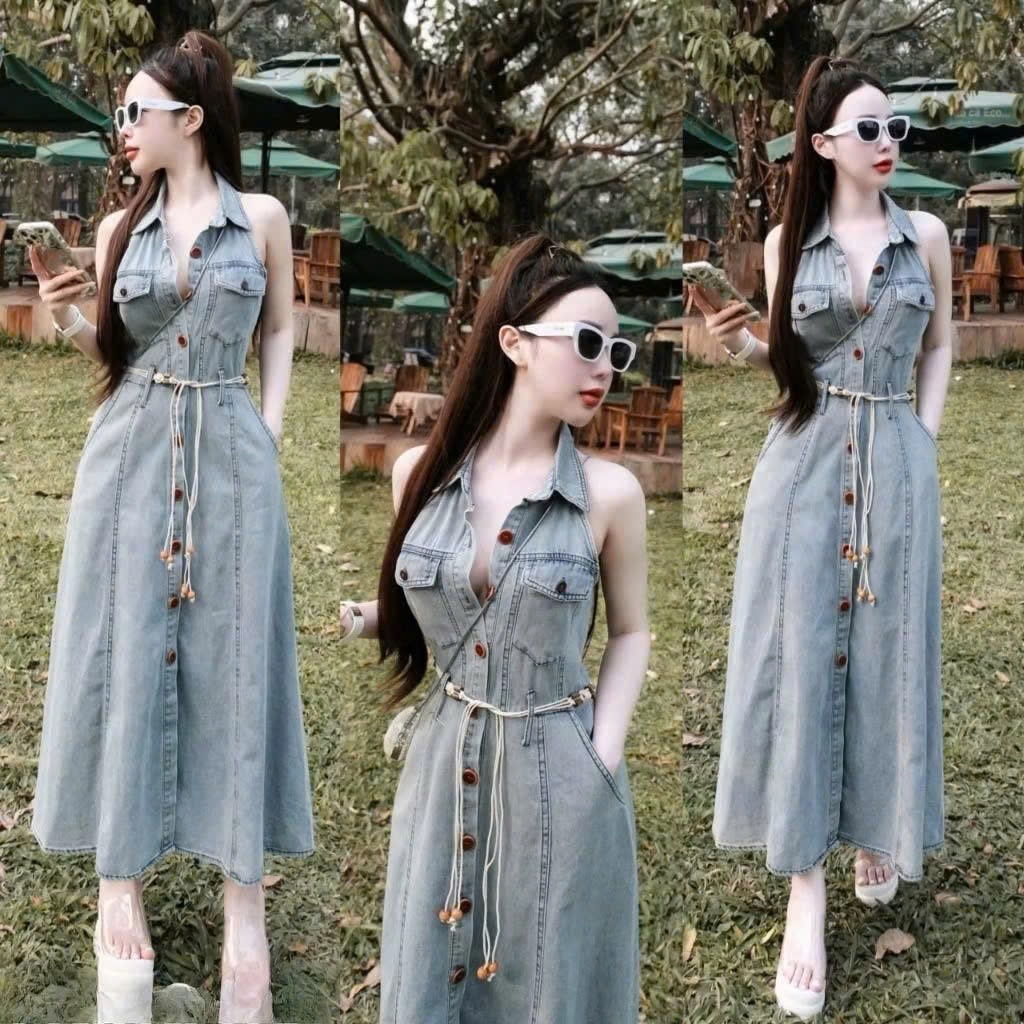 ชุดเดรสยีนผู้หญิงสไตล์สุดฮอตสําหรับสาวๆออกไปข้างนอกบนท้องถนนชุดเดรสคอปกเปิดลงแขนกุดบานยาวมีกระดุมและ