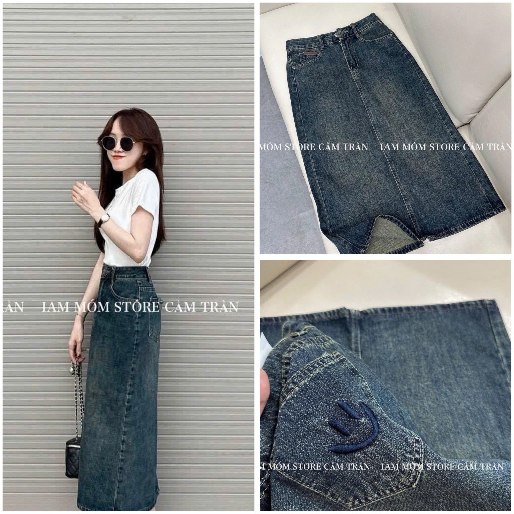 กระโปรงยีนส์หนังมีกระเป๋าหลังปักยาว 85 ซม. 7561 [AN TAY STORE68]