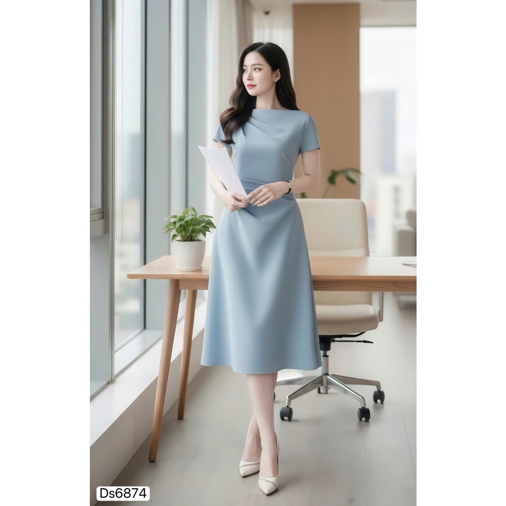 DS6874 - เดรสบานสีน้ําเงินคอเรือปิดไหล่แขนสั้น - Dolce Viva Collection (DVC/ACC)