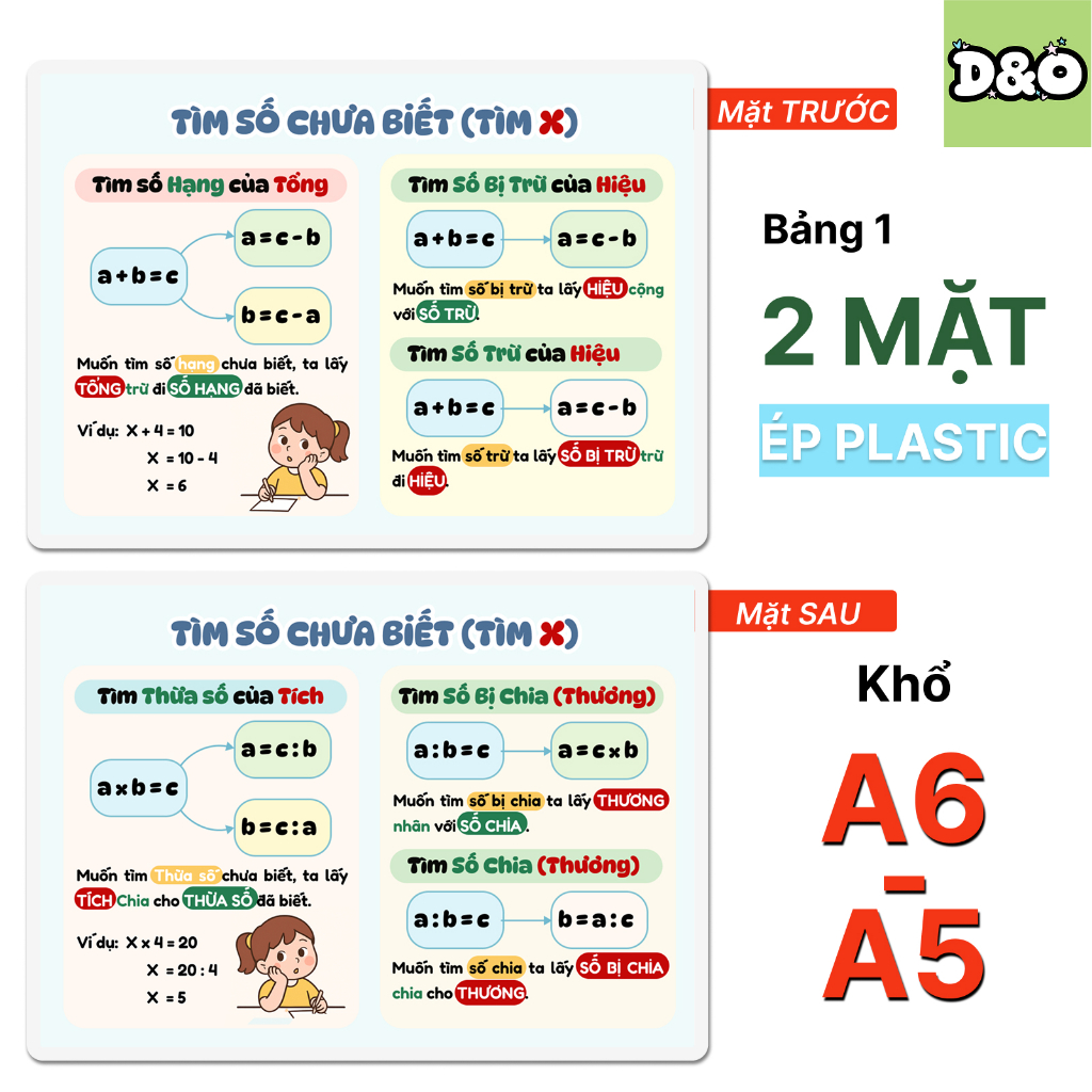 การ์ดความรู้คณิตศาสตร์ 6 HK1 สําหรับชั้นประถมศึกษาปีที่ 3 - 2 ด้าน - A6, A5 - พลาสติกเคลือบ - D&O Fo