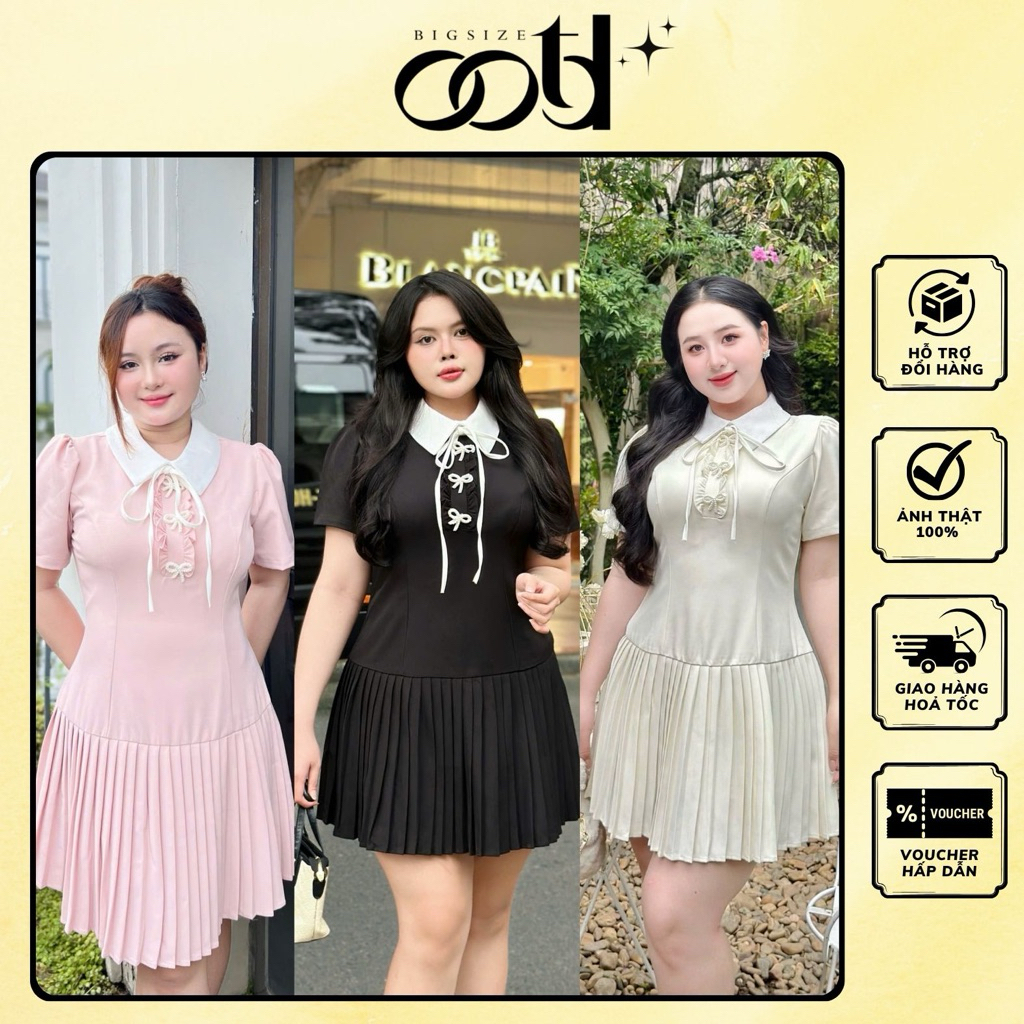 OOTD BIGSIZE - ชุดเดรสผู้หญิงจับจีบคอปกสีขาวมีโบว์