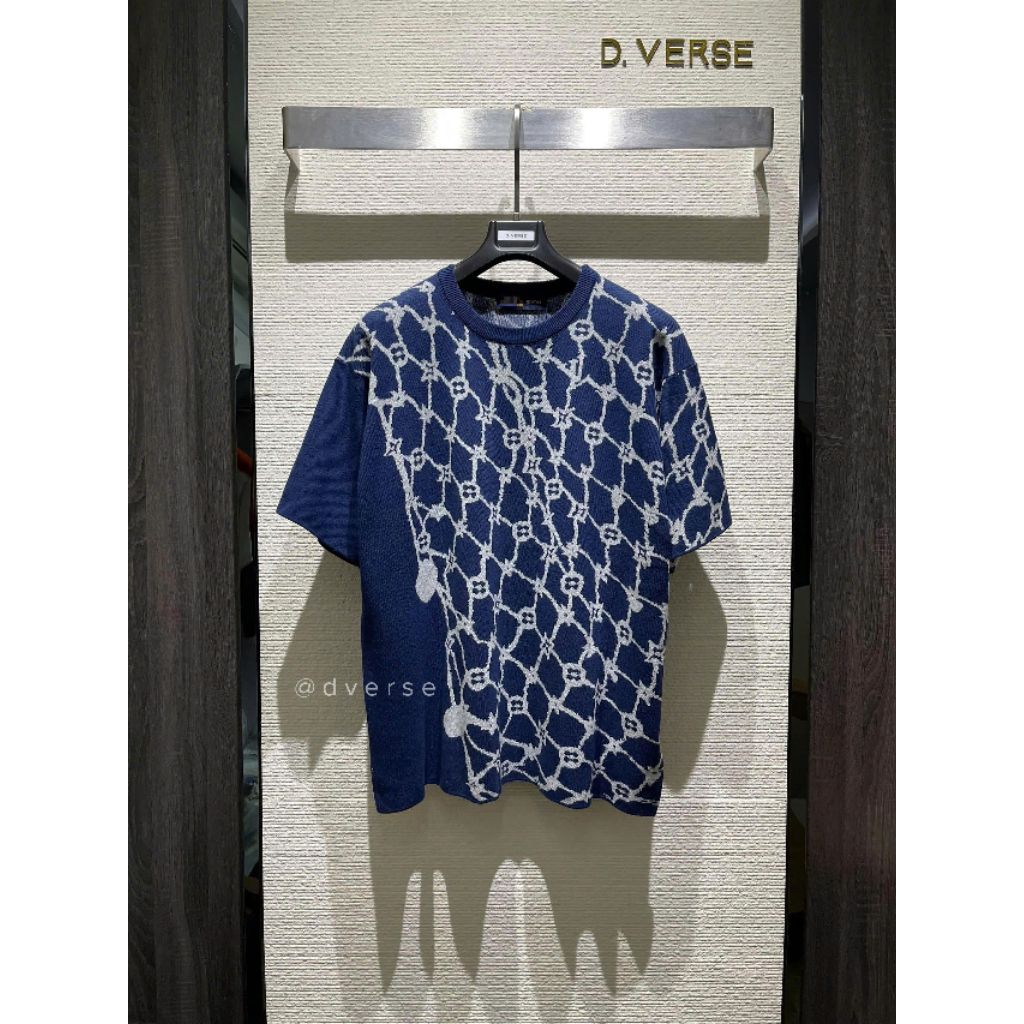 เสื้อยืดผ้าขนสัตว์สีน้ําเงินลายทแยงมุม-เสื้อยืดผู้ชายและผู้หญิงคุณภาพสูง