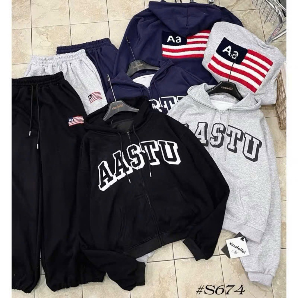 [ภาพจริง Salt] AAstu Zip Hoodie Pants Set with Direct Ruffled เย็บปักถักร้อยสําหรับผู้ชายและผู้หญิง 