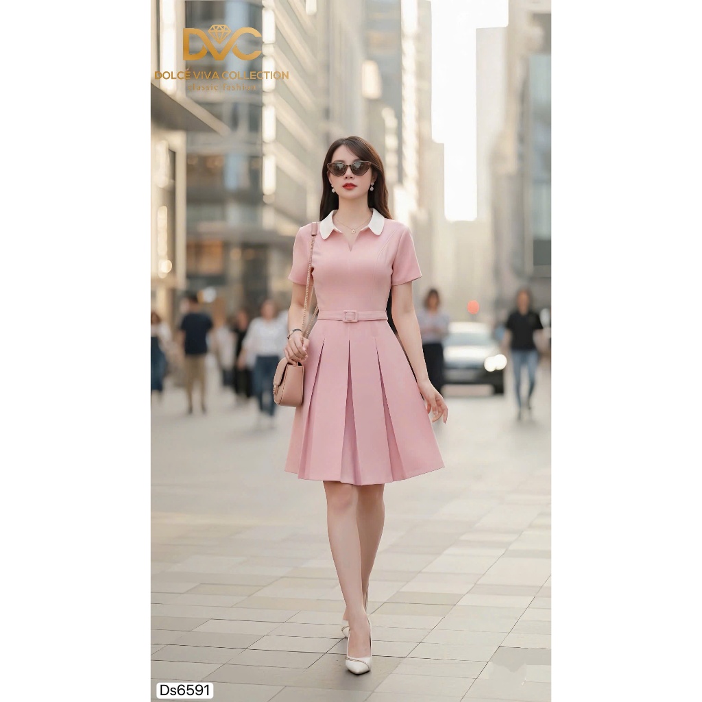 DS6591 - เดรสบานจีบสีชมพูคอ V สีขาว - Dolce Viva Collection (DVC/ACC)