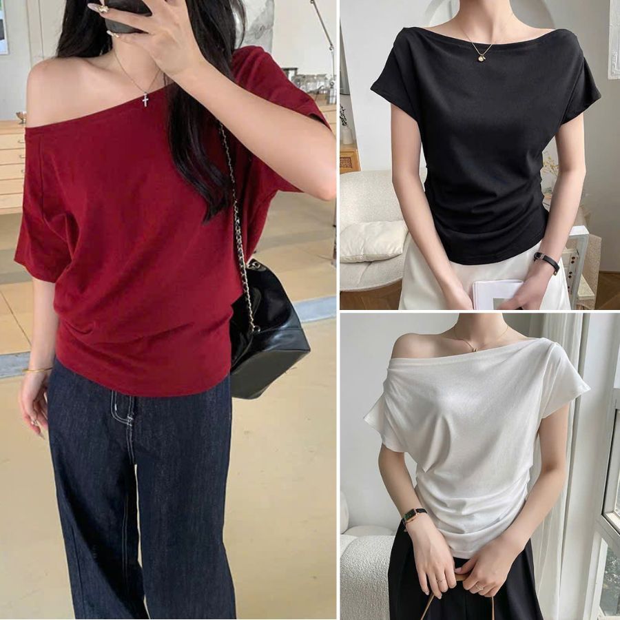 เสื้อยืดผู้หญิงไซส์ใหญ่คอปาดเอวผ้ายืดใส่สบายและเย็น-ก284