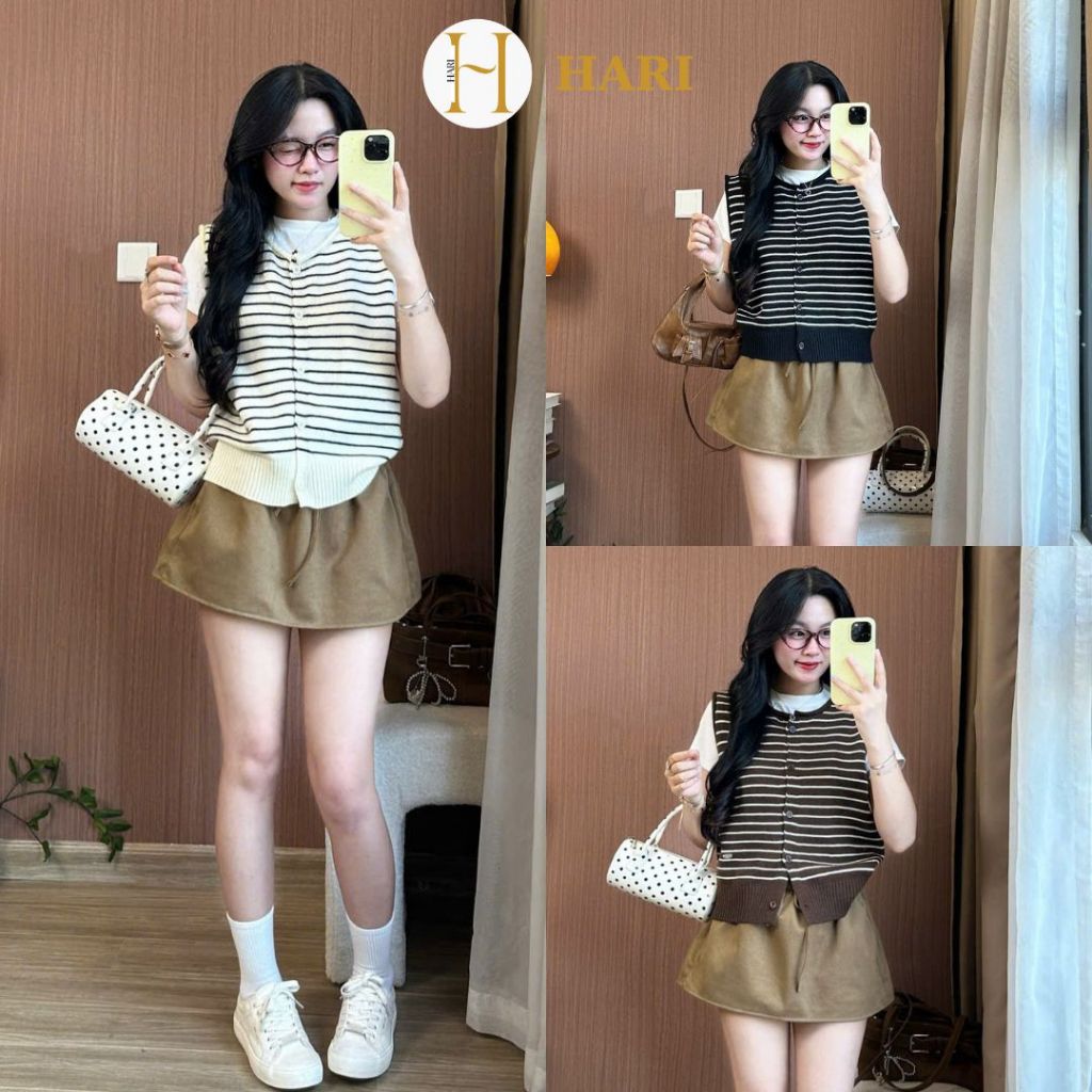 เสื้อกั๊กไหมพรมลายขวาง Hari มีกระดุมและป้าย Minni Gile 666 P3K4