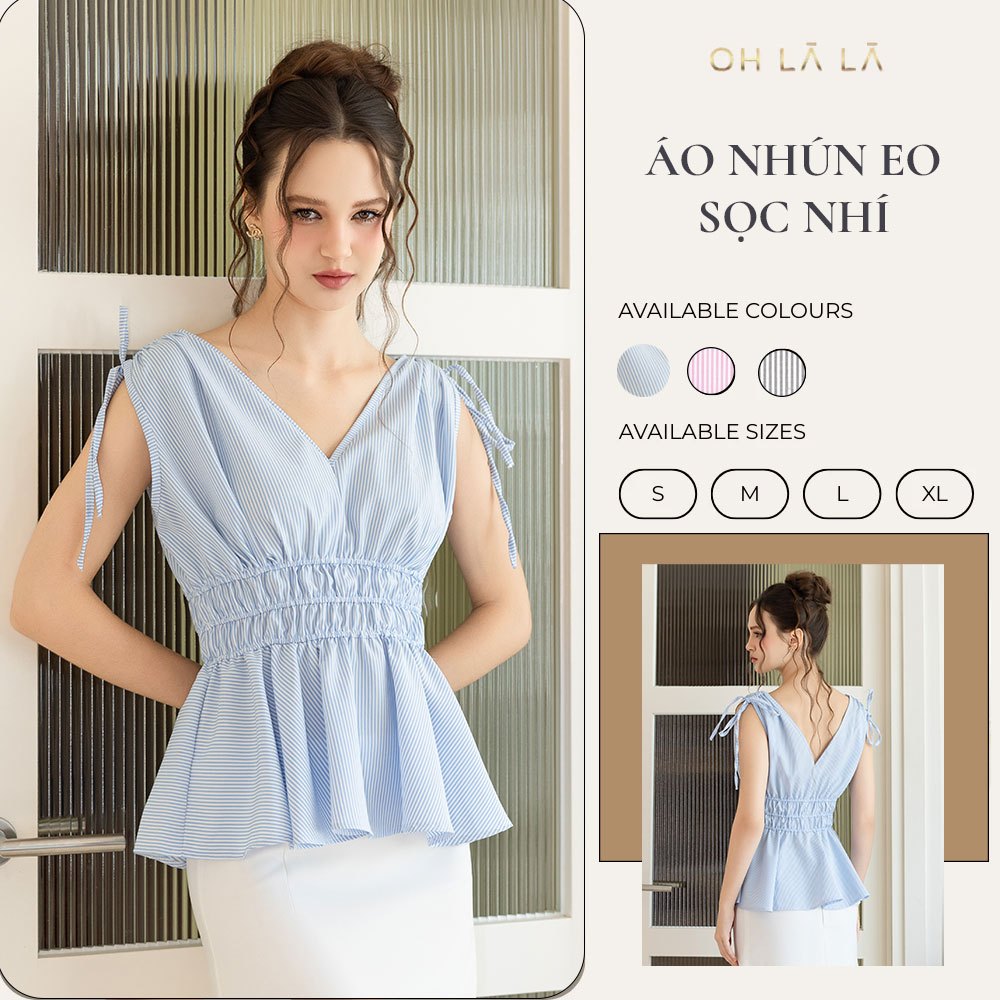 Ohlala เสื้อกล้ามคอวีเอว Peplum Shrug สีฟ้าลายทาง, เสื้อเชิ้ตเอวแขนกุดคอวีสไตล์เกาหลี