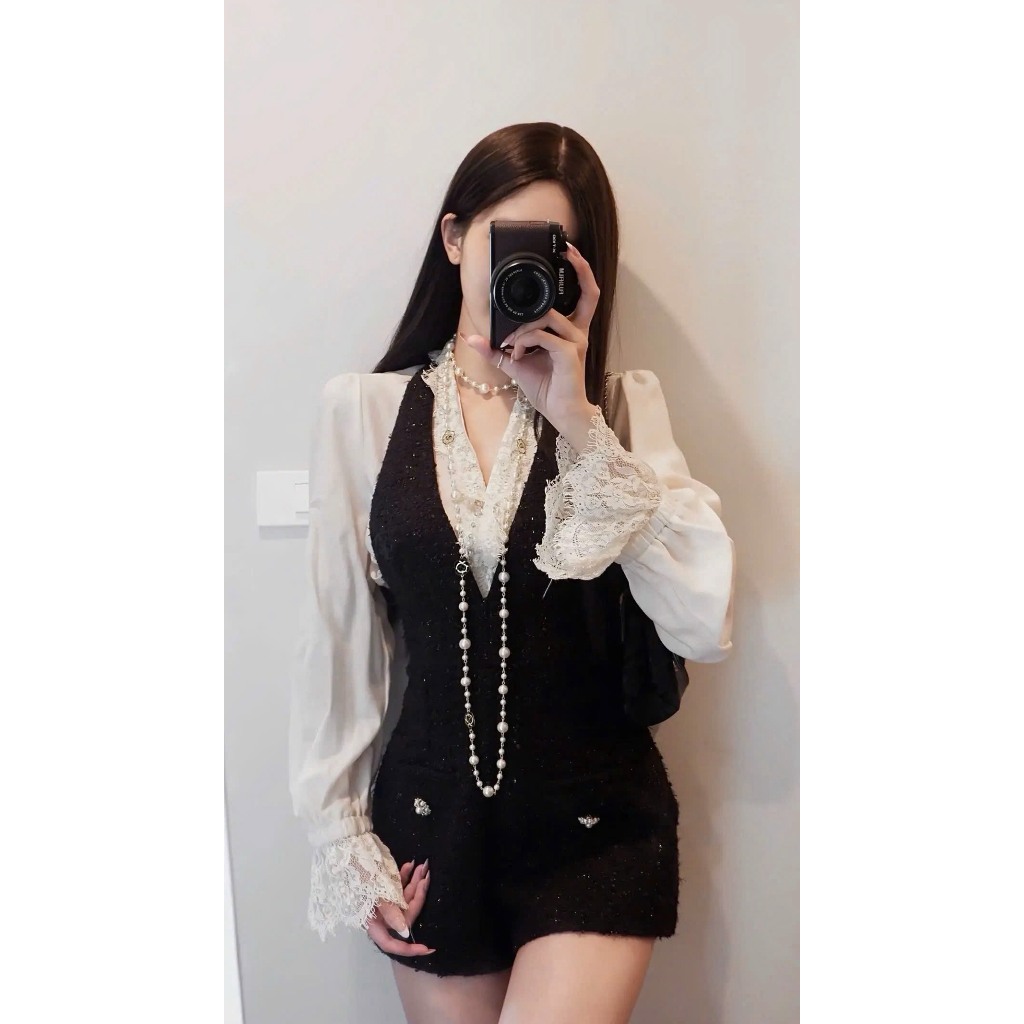 MPB SELF-SEWED CREAM BEIGE DRESS พร้อมคอม้วนและกระโปรงตาข่าย