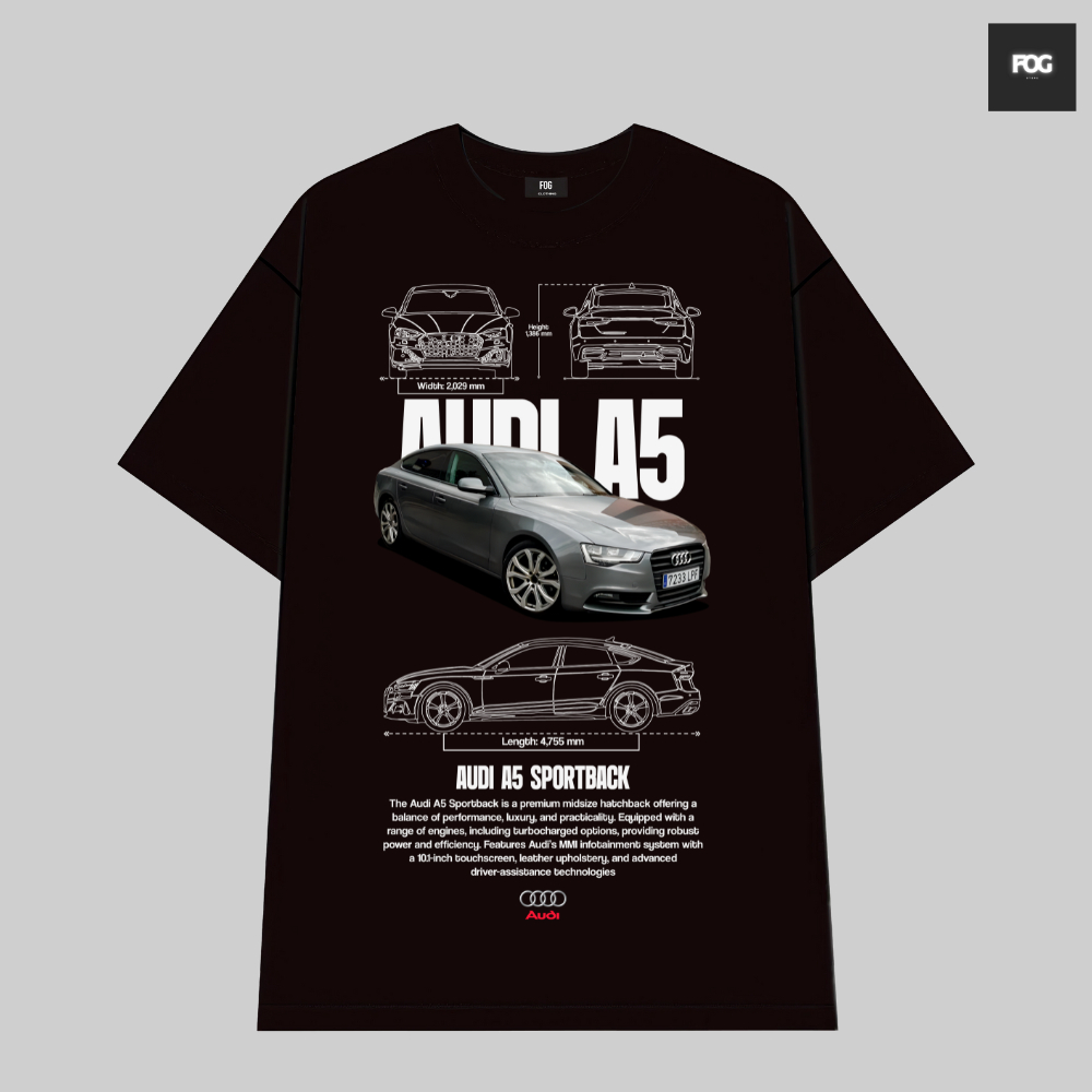 Audi A5 Car เสื้อยืดผ้าฝ้ายสีดําคุณภาพสูงสําหรับผู้ชายและผู้หญิงสไตล์ยุโรปและอเมริกาย้อนยุค Y2K