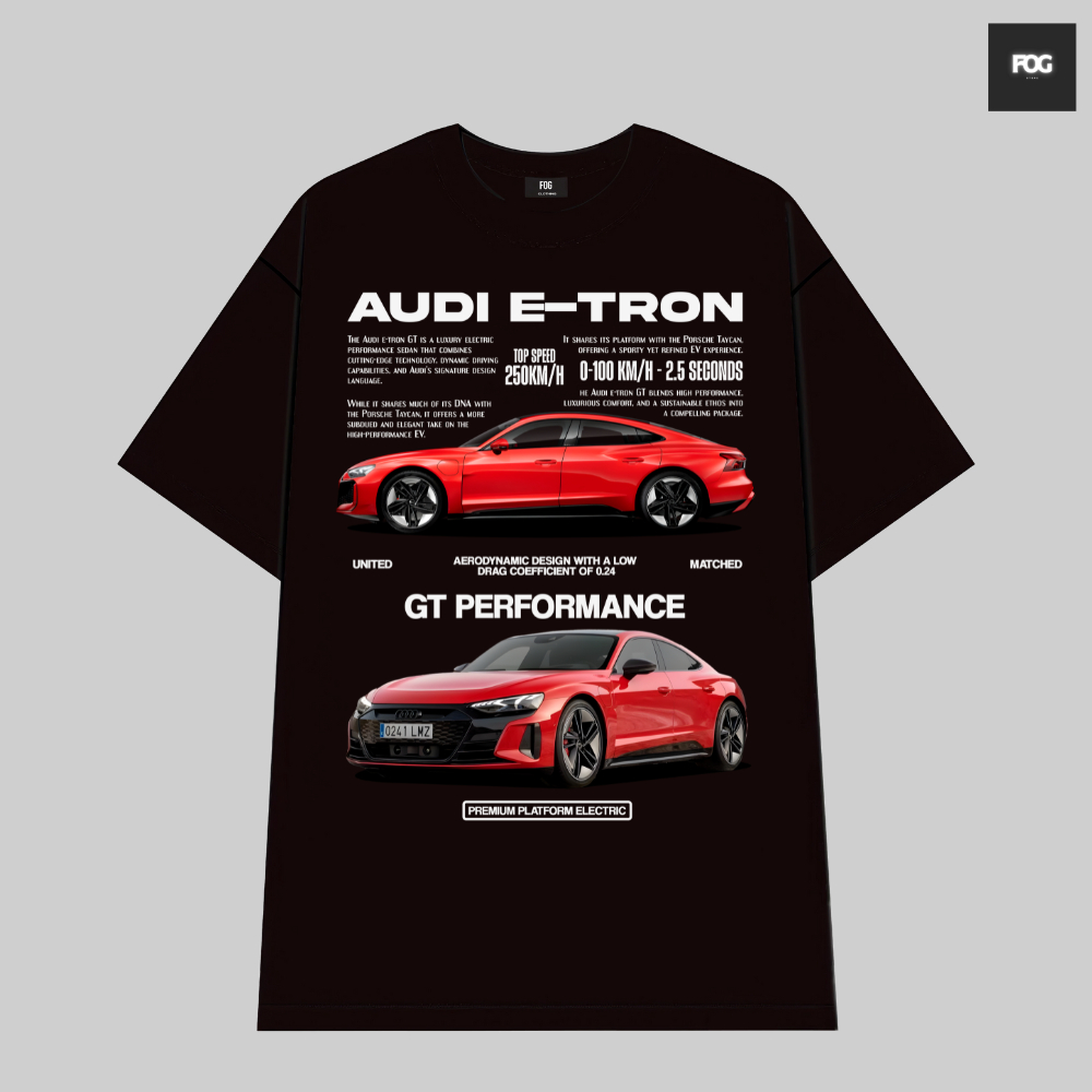 AUDI E-TRON เสื้อยืดผ้าฝ้ายสีดําคุณภาพสูงสําหรับผู้ชายและผู้หญิงสไตล์ยุโรปและอเมริกาย้อนยุค Y2K