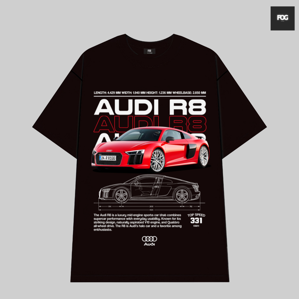 AUDI R8 Car เสื้อยืดผ้าฝ้ายสีดําคุณภาพสูงสําหรับผู้ชายและผู้หญิง Y2K สไตล์ยุโรปและอเมริกา Retro