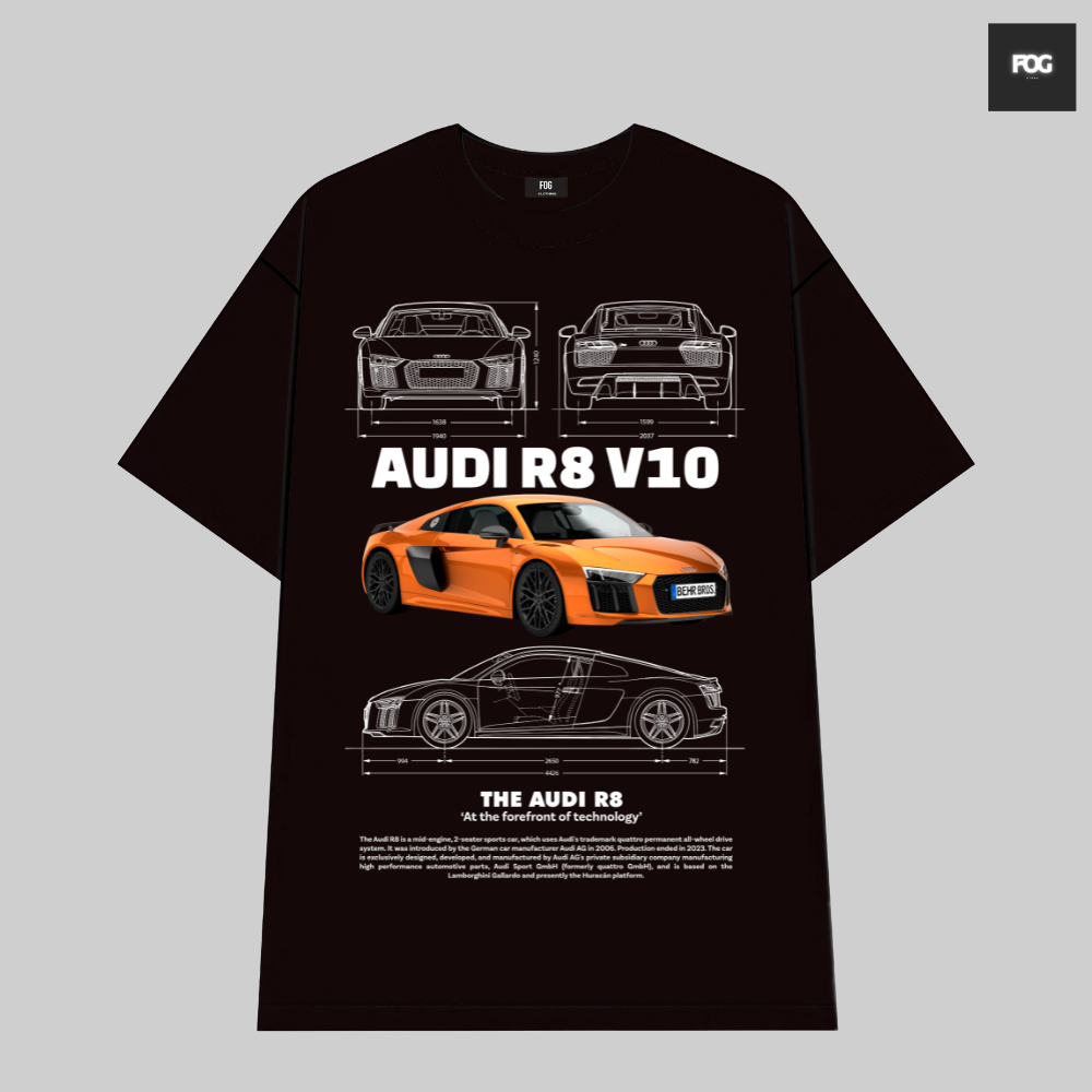 AUDI R8 V10 รถเสื้อยืดผ้าฝ้ายสีดําคุณภาพสูงสําหรับผู้ชายและผู้หญิง,สไตล์ยุโรปและอเมริกาย้อนยุค Y2K