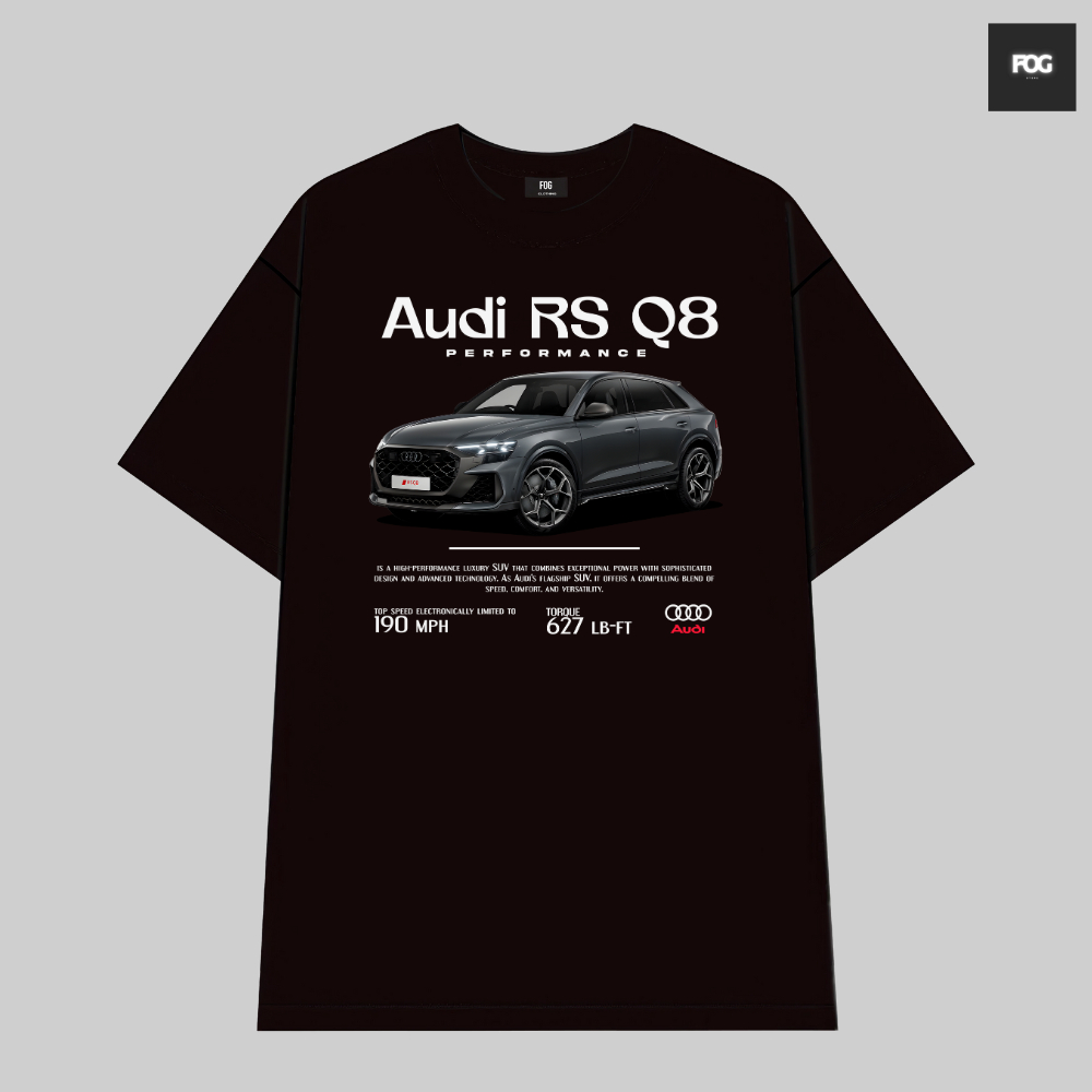AUDI RS Q8 Car เสื้อยืดผ้าฝ้ายสีดําคุณภาพสูงสําหรับผู้ชายและผู้หญิง สไตล์เรโทรยุโรปและอเมริกา Y2K
