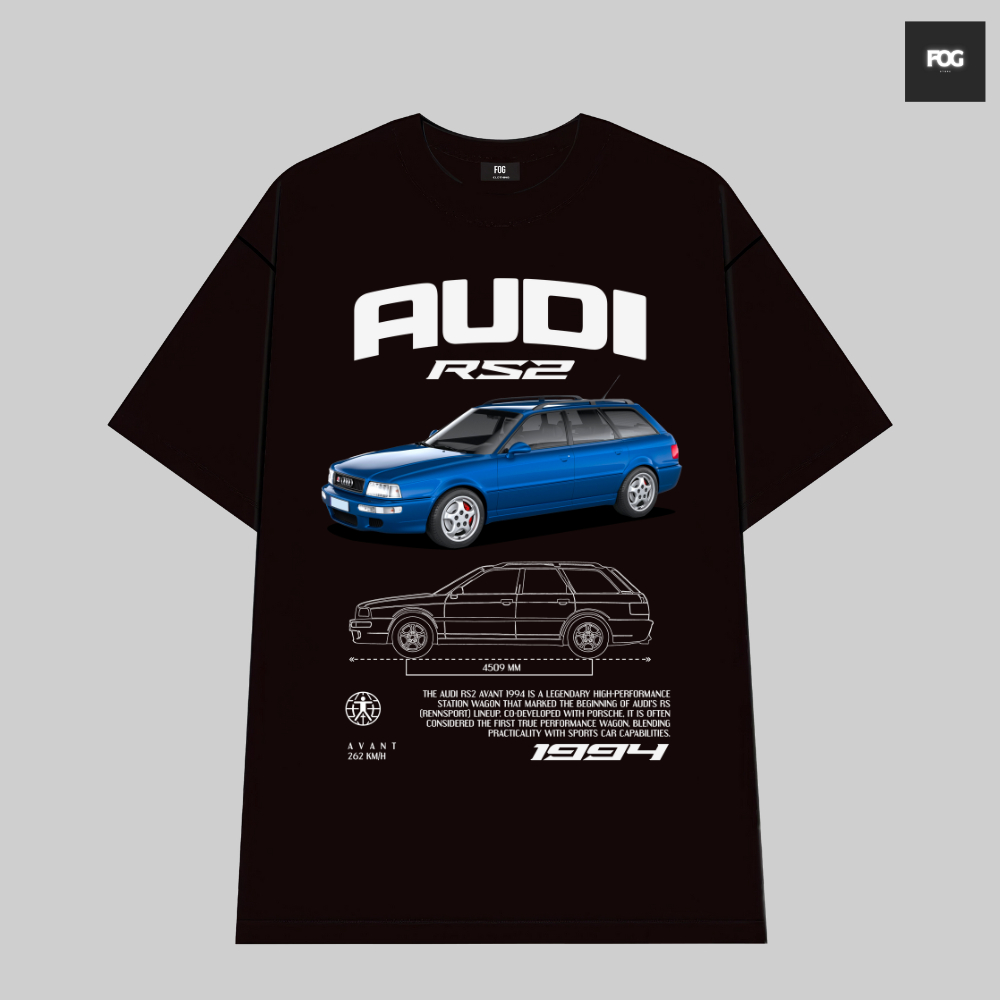 AUDI RS2 Car เสื้อยืดผ้าฝ้ายสีดําคุณภาพสูงสําหรับผู้ชายและผู้หญิงสไตล์ยุโรปและอเมริกาย้อนยุค Y2K