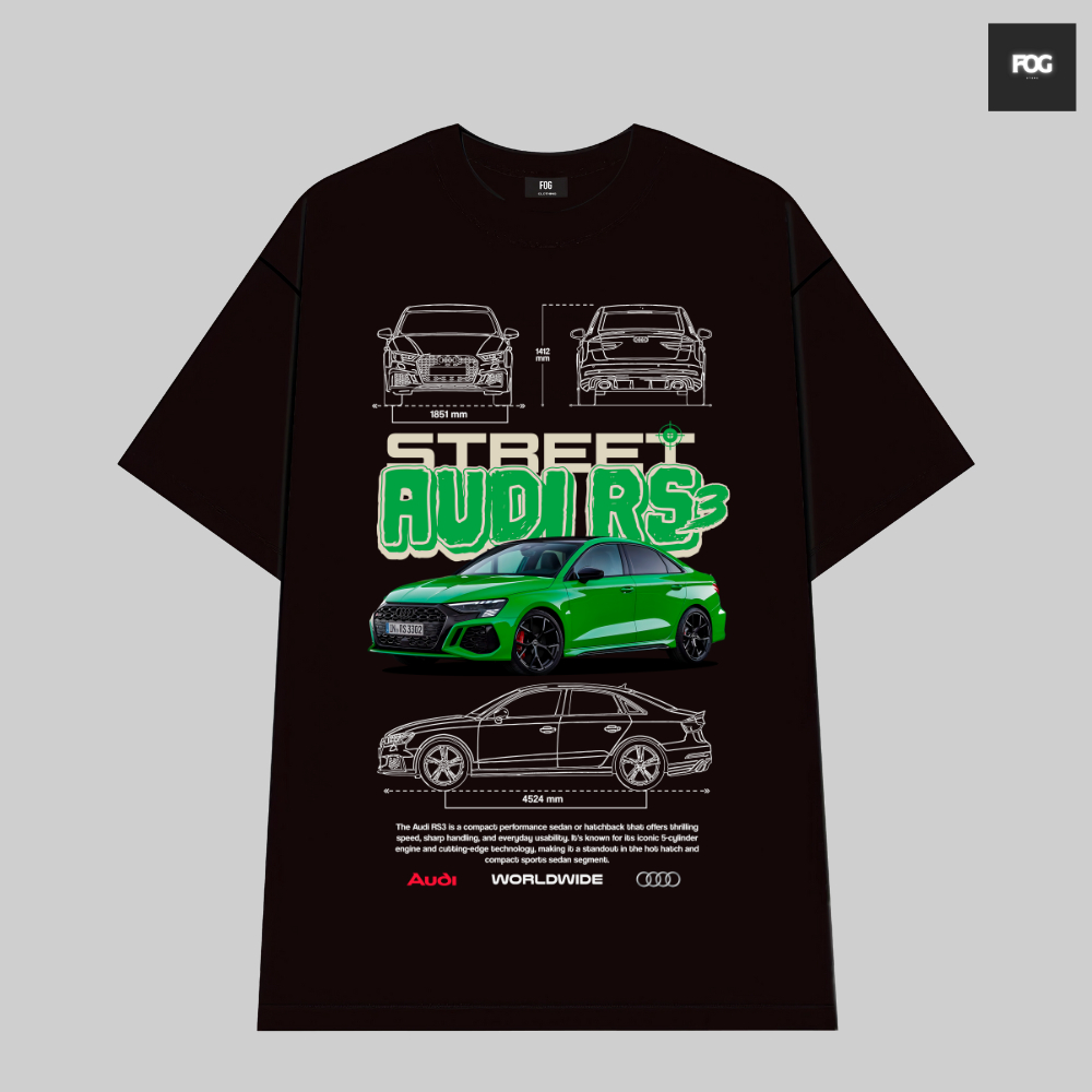 AUDI RS3 รถเสื้อยืดผ้าฝ้ายสีดําคุณภาพสูงสําหรับผู้ชายและผู้หญิงสไตล์ยุโรปและอเมริกาย้อนยุค Y2K