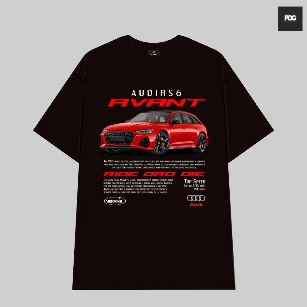 AUDI RS6 Car เสื้อยืดผ้าฝ้ายสีดําคุณภาพสูงสําหรับผู้ชายและผู้หญิง สไตล์เรโทรยุโรปและอเมริกา Y2K