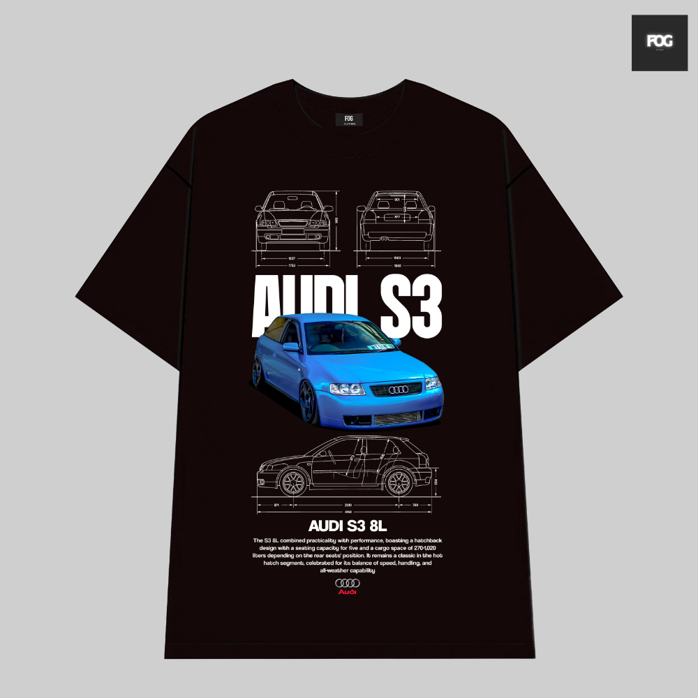 AUDI S3 รถเสื้อยืดผ้าฝ้ายสีดําคุณภาพสูงสําหรับผู้ชายและผู้หญิงสไตล์ยุโรปและอเมริกาย้อนยุค Y2K