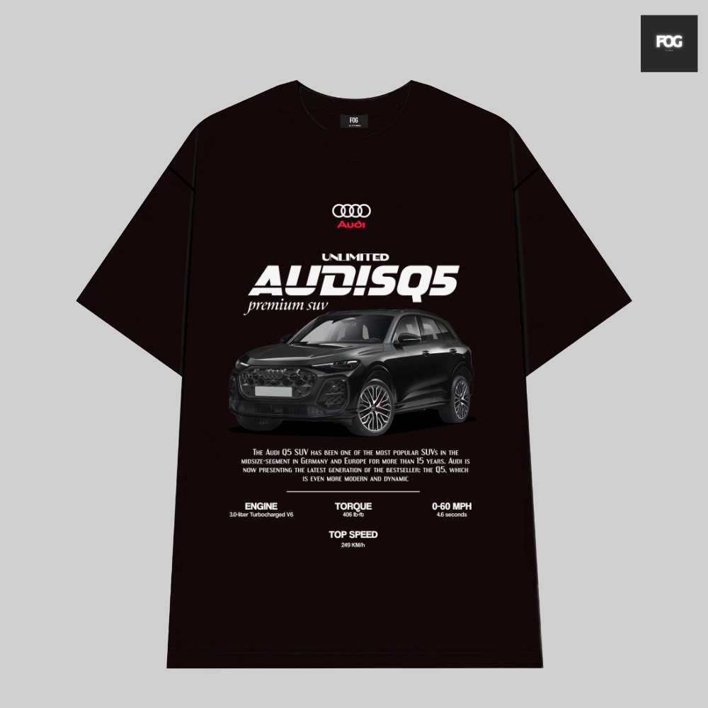 AUDI Q5 Car เสื้อยืดผ้าฝ้ายสีดําคุณภาพสูงสําหรับผู้ชายและผู้หญิงสไตล์ยุโรปและอเมริกาย้อนยุค Y2K