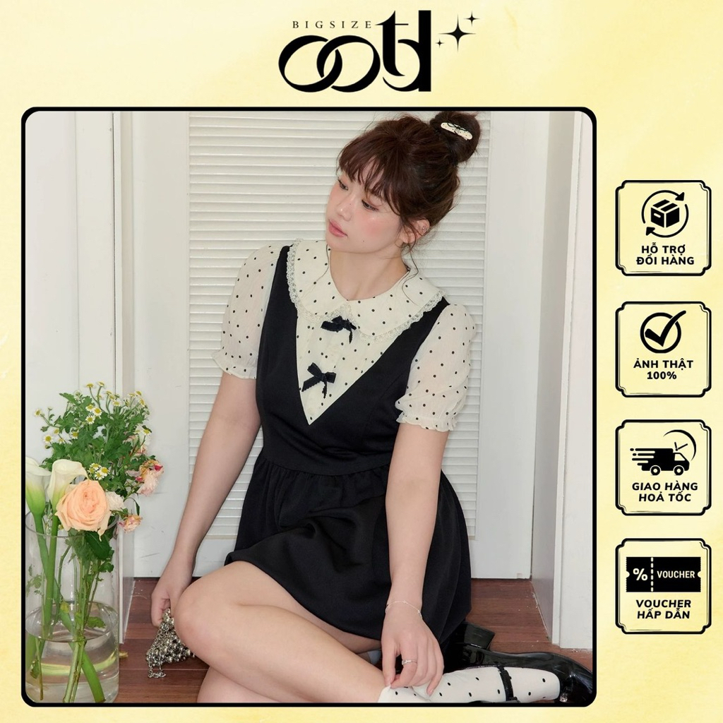 OOTD BIGSIZE - ชุดเดรสคอปกบัวไซส์ใหญ่สําหรับผู้หญิงลายจุดแขนโบว์