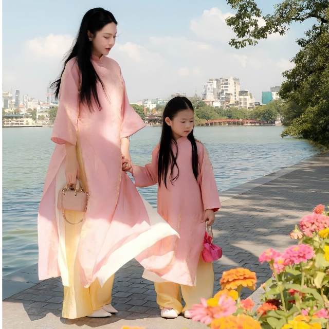 คุณภาพสูง 4 ชิ้น Pink Silk Chiffon Tet Ao Dai - Charming, Sweet and Elegant-MB99