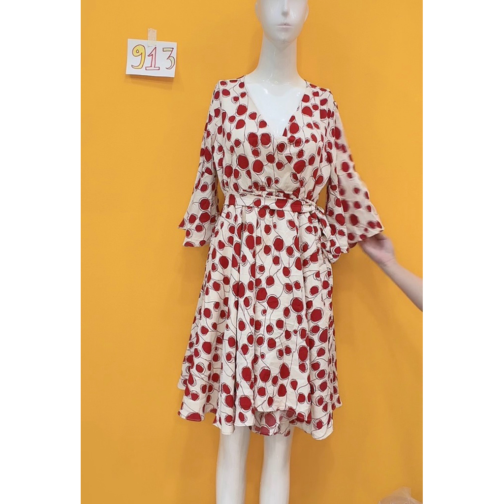 เดรสลายจุดสีแดงบานสวยผูกเอว ไซส์ SMS913