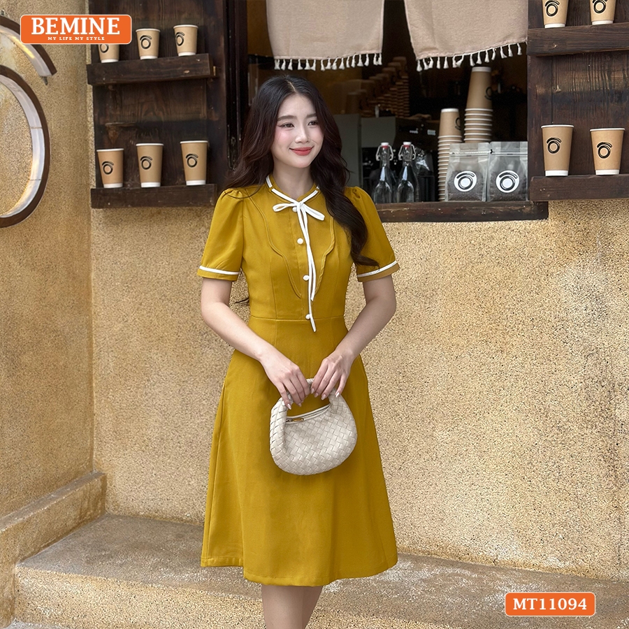 เป็นของฉัน ชุดเดรสดีไซน์คอกลมผูกโบว์แต่งระบายทรงเอเหมาะกับใส่ทํางาน-ภูเขา11094 - รูปที่ 3