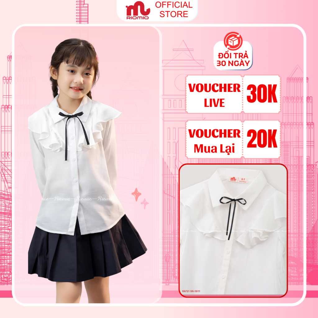 ริโอมิโอะ เสื้อเชิ้ตเด็กผู้หญิงคอปกระบายปีกนางฟ้าและกระโปรงจีบสําหรับเด็ก 5-11 ปี รา721-อาร์ซีวี661