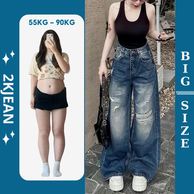 กางเกงยีนส์ขากว้างเอวสูงสําหรับผู้หญิง Bigsize 55-90kg สไตล์ขากว้าง QC คุณภาพสูง 2KJeans QC602