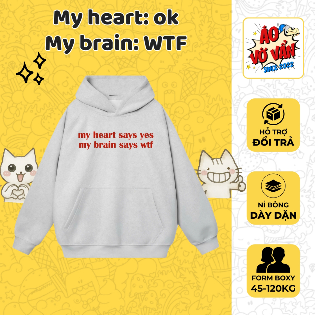 หัวใจของฉันบอกว่าเป็นแต่สมองพูด WTF Hoodie, Boxy Fit Cotton Sweatshirt ตลก Meme Cotton 100% 350gsm ฤ