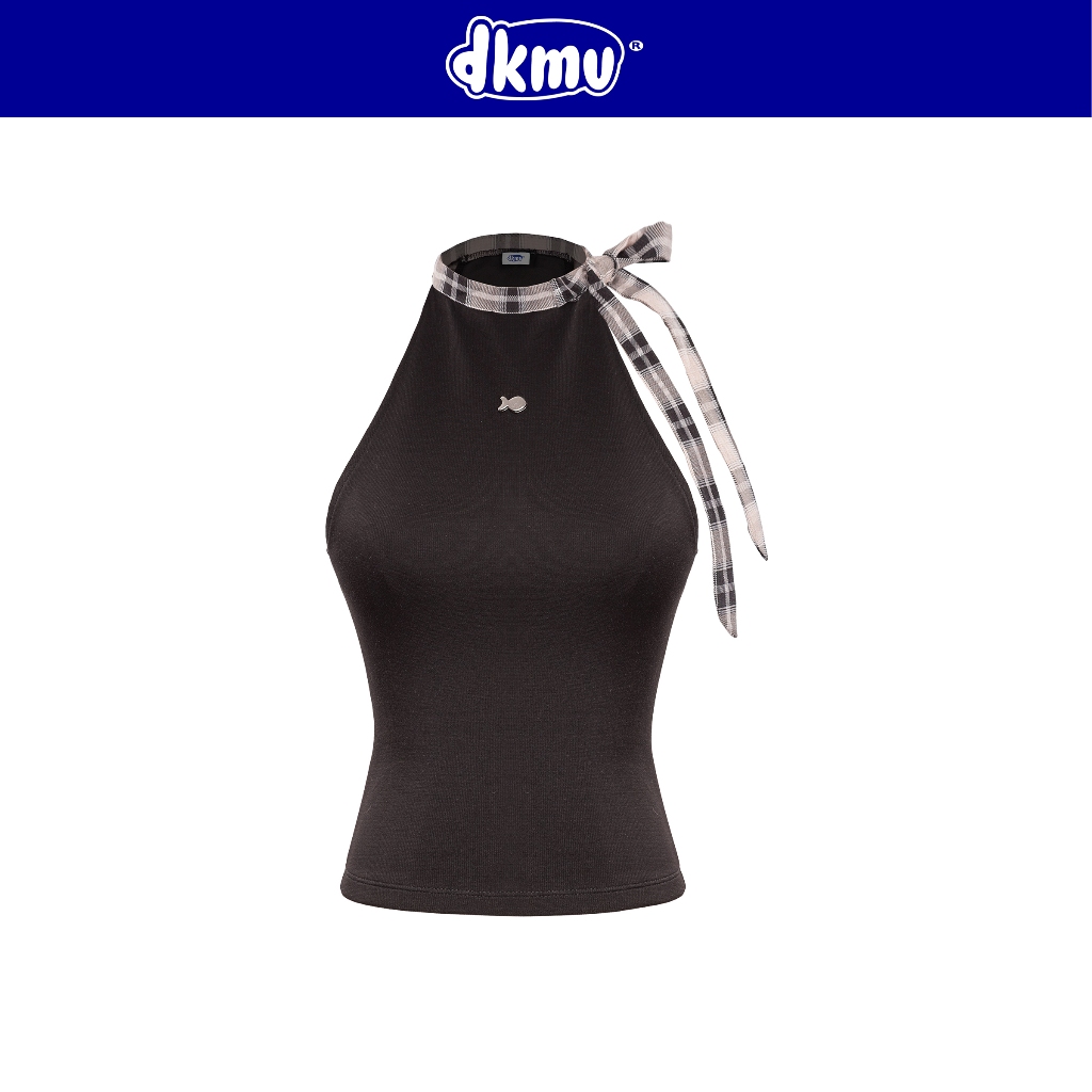 คล้องคอผูกโบว์ DKMV ของผู้หญิงสวย สีดําคอลายตารางหมากรุกน่ารักและซิปเข้ารูป Willow Top| K-SET3-TD