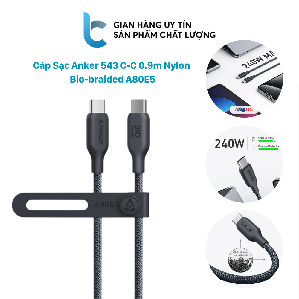 Anker 543 CC 0.9m สายชาร์จไนลอน Bio-แบบถัก 240W ชาร์จเร็ว, ป้องกันการพันกัน, ป้องกันการทําลาย A80E5