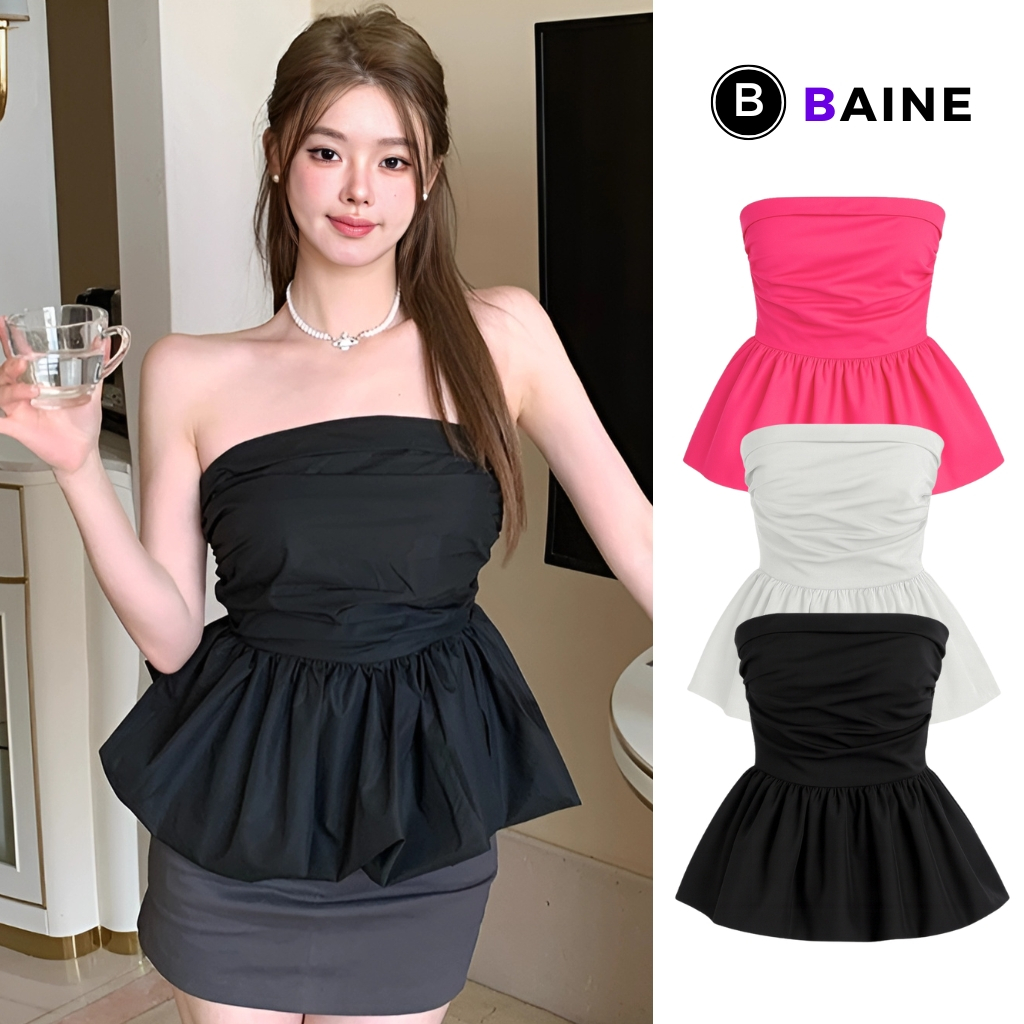Kate Puffed Tube Top with Cushion Chest CR51, เสื้อบานเกาะอกเซ็กซี่สําหรับผู้หญิง, สวยและลีบแบน BAIN
