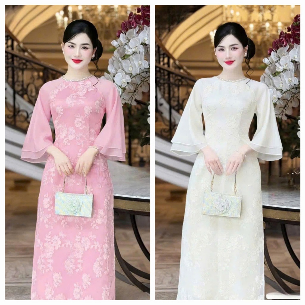 Ao dai Set for Tet ทําจากผ้าไหมปัก 2 สี เสื้อคอกลมคอปกลูกปัดและแขนสั้นพร้อมโบตั๋น modifs และกางเกงหล