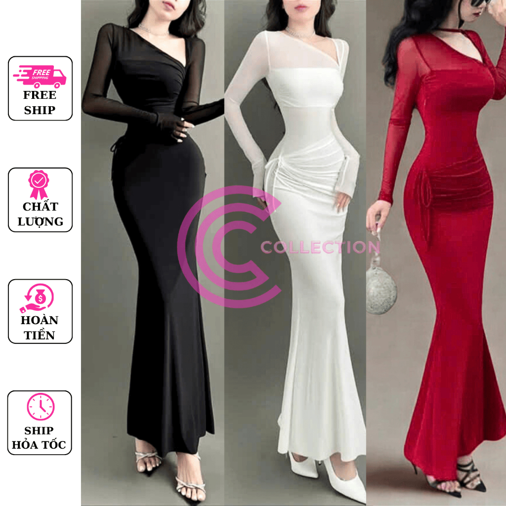 (FIRE) ชุดเดรสดีไซน์หางปลา Larong พร้อมแขนตาข่ายยาว K5799_CAROTSHOP