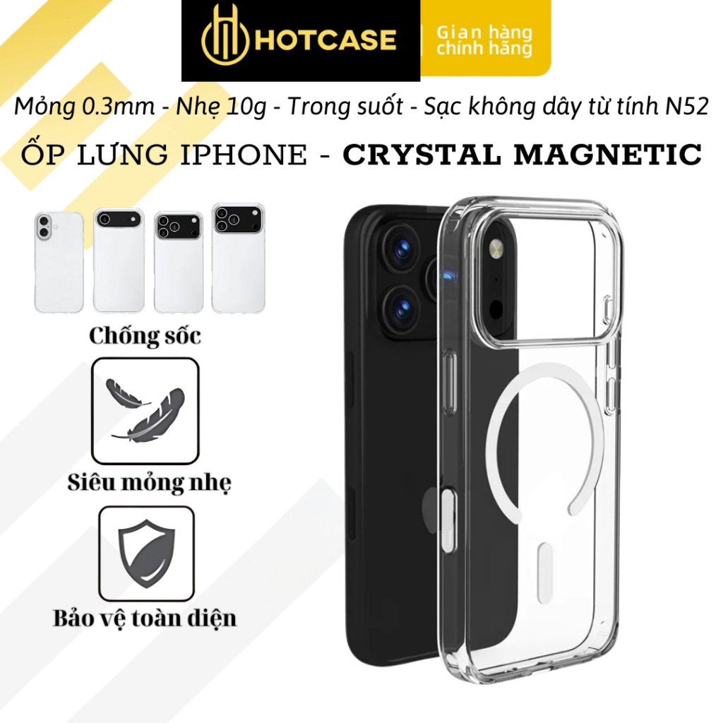 คริสตัลแม่เหล็ก N52 แม่เหล็กชาร์จไร้สายเคสใส iPhone 17 Air 16 15 14 13 12 11 X Xs 7 8 16E Pro Max Pl