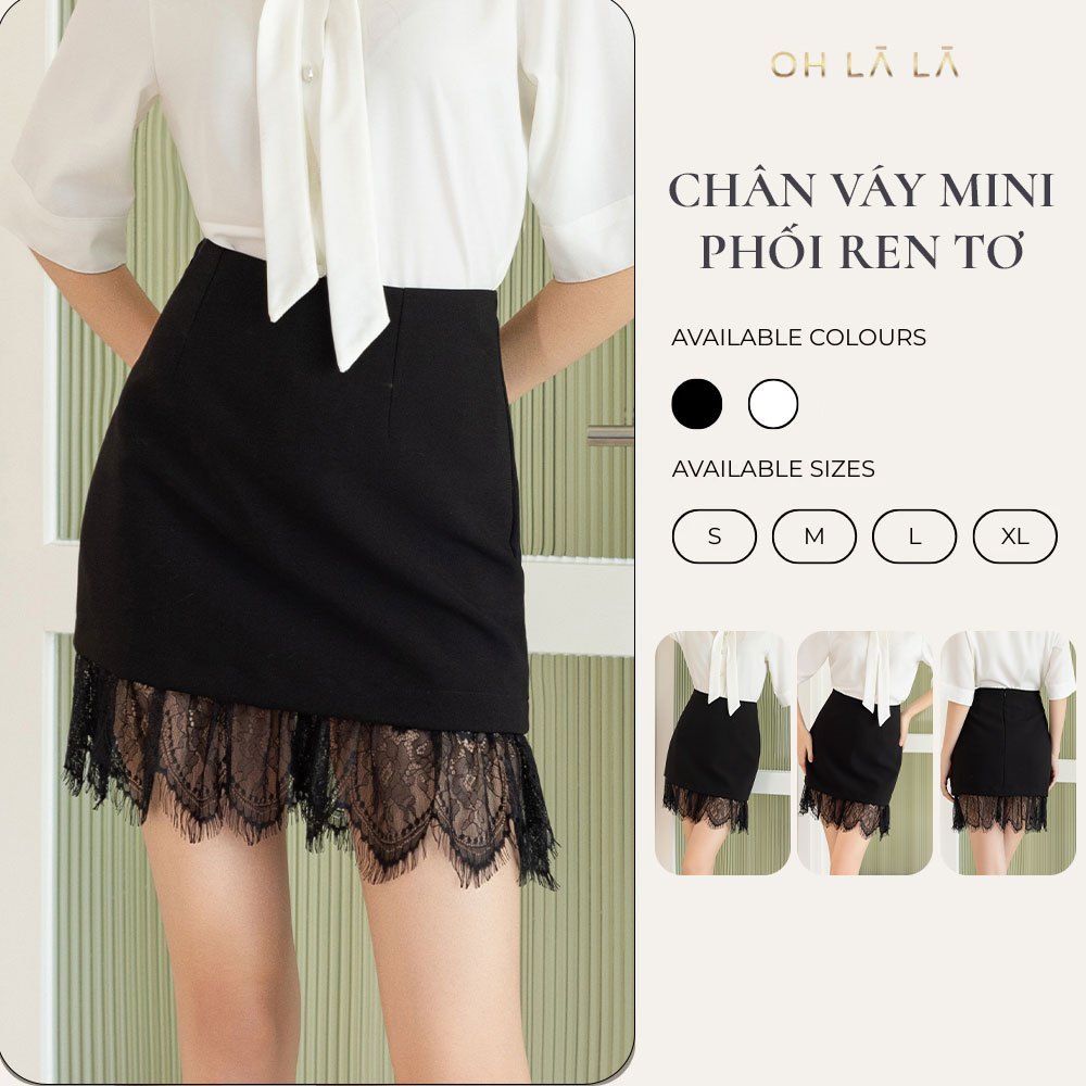 Ohlala Embellished Short A-Line กระโปรงลูกไม้ผู้หญิงสีดํา