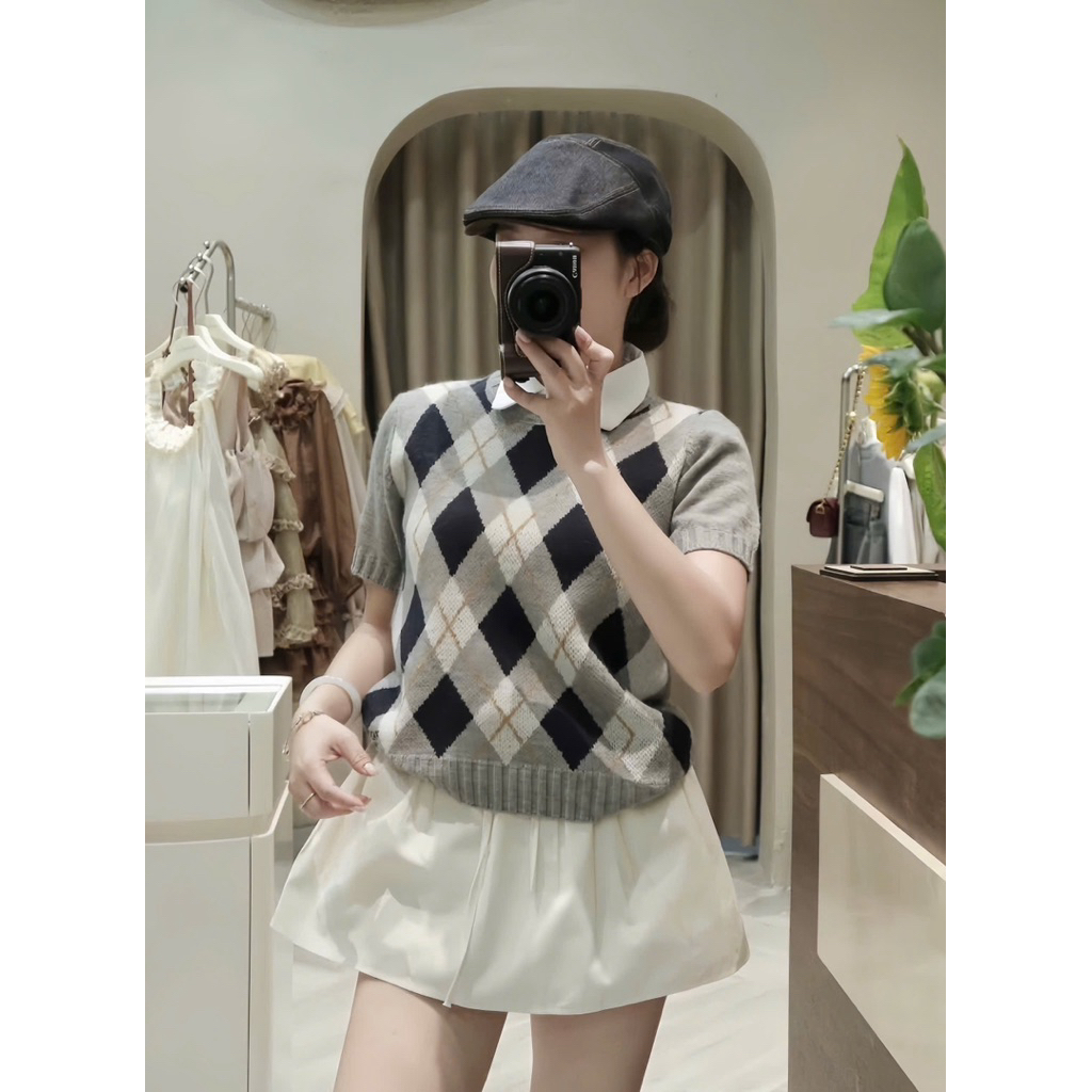 Sj1997| Soft Chic Argyle sweater Set + กระโปรงจีบ 210
