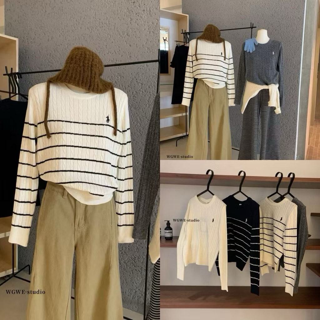 7396 WGWE - เสื้อสเวตเตอร์ขนสัตว์บางคอกลมโลโก้ WGWE